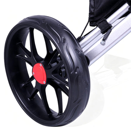 Eliteshine V307 3-wheel golf push trolley wide-profile EVA solid rubber rear wheel close-up showing smooth tyre surface and colour-changeable red hub cap