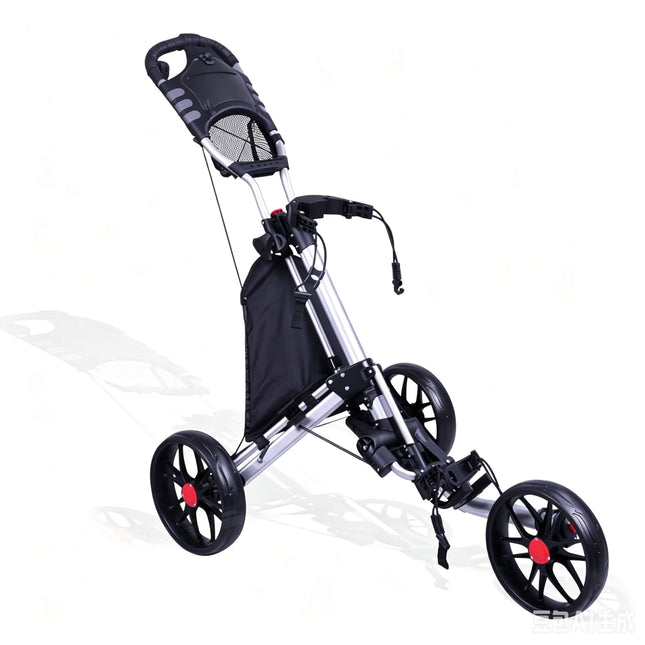 Eliteshine V307 3-wheel golf push trolley right side view showing silver aluminum frame, premium wide-profile EVA solid rubber wheels