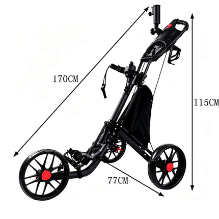 Eliteshine V307 golf push trolley dimensions — 115cm tall, 77cm wide, 170cm diagonal