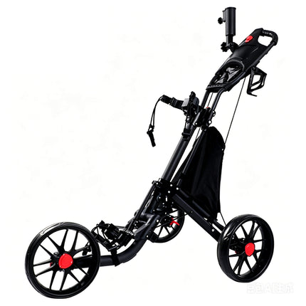 Eliteshine V307 3-wheel golf push trolley main view in silver and black aluminum alloy with premium wide-profile EVA solid rubber wheels and red hub caps