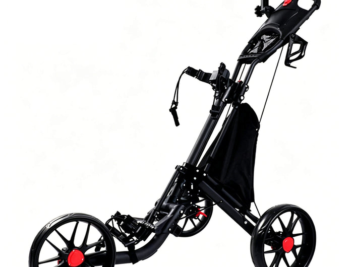 Eliteshine V307 3-wheel golf push trolley main view in silver and black aluminum alloy with premium wide-profile EVA solid rubber wheels and red hub caps