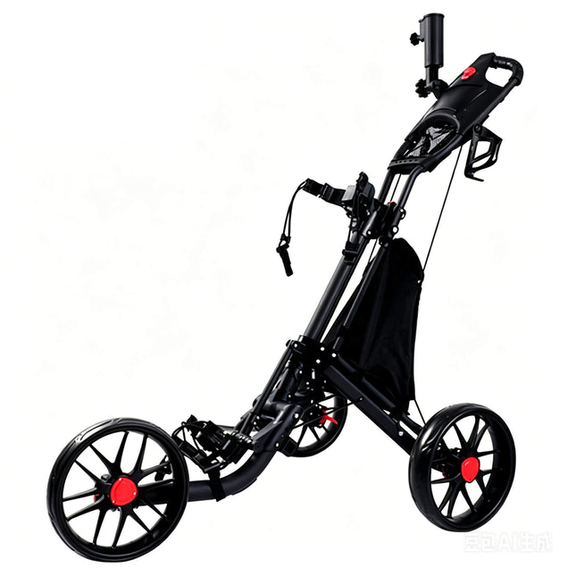 Eliteshine V307 3-wheel golf push trolley main view in silver and black aluminum alloy with premium wide-profile EVA solid rubber wheels and red hub caps