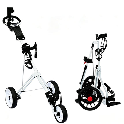 Eliteshine V308 3-wheel golf push trolley folding sequence showing cable-assisted fold from open to compact storage