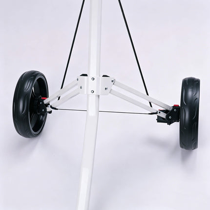 Eliteshine V308 3-wheel golf push trolley frame detail showing white iron construction, foldable mechanism and frame joint