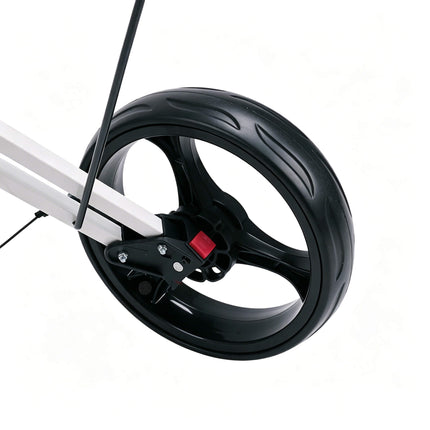 Eliteshine V308 3-wheel golf push trolley detachable spoke wheel close-up showing rubber tyre and red hub cap quick-release mechanism