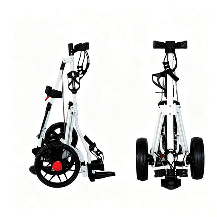 Eliteshine V308 3-wheel golf push trolley side views showing white iron frame, adjustable bag strap and detachable spoke wheels