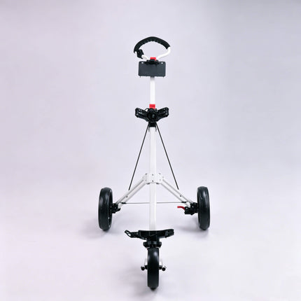 Eliteshine V308 3-wheel golf push trolley front view showing handle panel, scorecard tray and detachable spoke wheels 