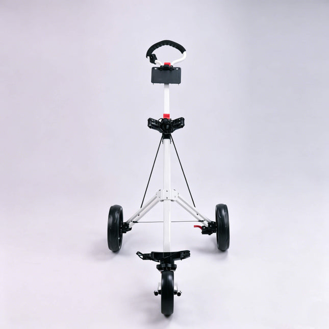 Eliteshine V308 3-wheel golf push trolley front view showing handle panel, scorecard tray and detachable spoke wheels 