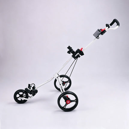 Eliteshine V308 3-wheel golf push trolley left side view showing white iron frame  and detachable spoke wheels