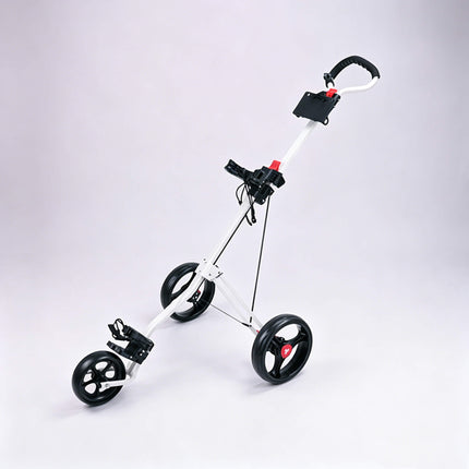 Eliteshine V308 3-wheel golf push trolley main view in white iron frame with detachable spoke wheels and red hub caps