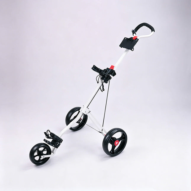 Eliteshine V308 3-wheel golf push trolley main view in white iron frame with detachable spoke wheels and red hub caps
