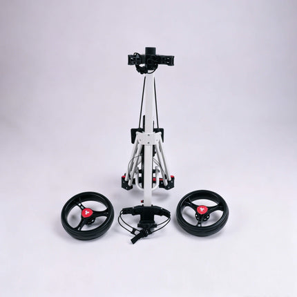 Eliteshine V308 3-wheel golf push trolley view showing disassembled parts of white iron frames and two wheels