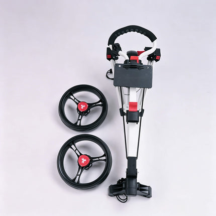 Eliteshine V308 3-wheel golf push trolley view showing frame, the lock on the frame, two wheels with red cap