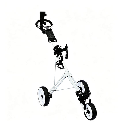 Eliteshine V308 3-wheel golf push trolley right side view showing white iron frame and detachable spoke wheels