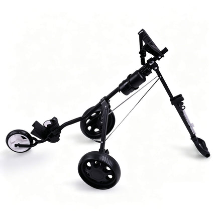Eliteshine V309 3-wheel golf push trolley view showing black iron frame folded