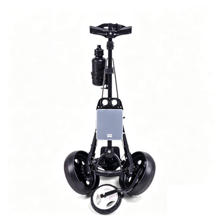 Eliteshine V309 3-wheel golf push trolley folded view in black iron frame with bottle holder, scorecard panel and spoke rubber wheels