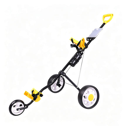 Eliteshine V309 3-wheel golf push trolley main view in black iron frame with bottle holder, scorecard panel and spoke rubber wheels