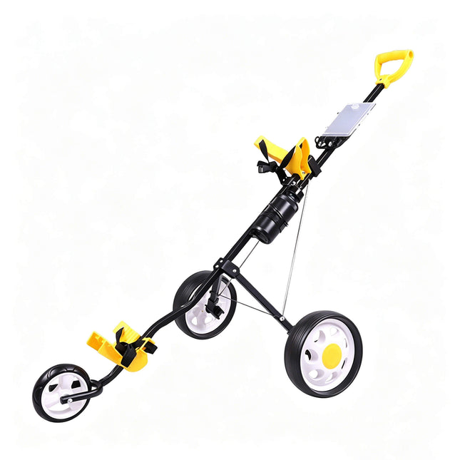 Eliteshine V309 3-wheel golf push trolley main view in black iron frame with bottle holder, scorecard panel and spoke rubber wheels