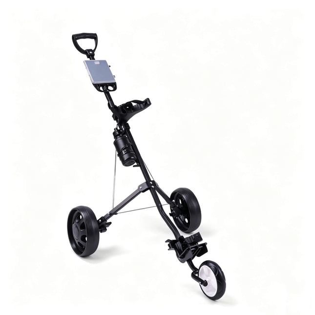 Eliteshine V309 3-wheel golf push trolley right side view showing black iron frame, foot brake and spoke rubber wheels