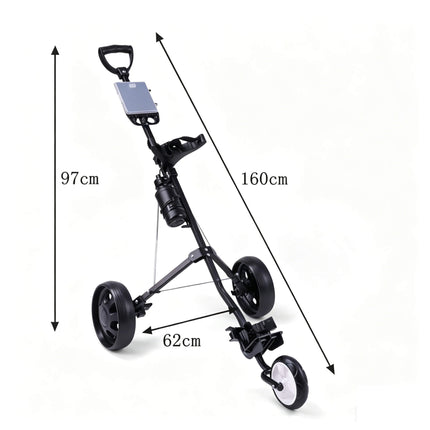 Eliteshine V309 3-wheel golf push trolley size view showing 160cm long, 97cm high and 62cm wide