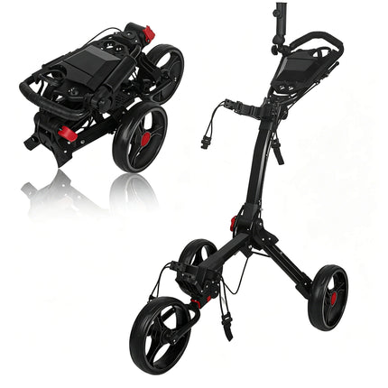 Eliteshine V310 3-wheel golf push trolley left side view in black iron frame with umbrella holder, scorecard panel and spoke rubber wheels