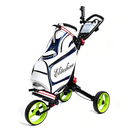 Eliteshine V310 3-wheel golf push trolley main view in black iron frame with bottle holder, scorecard panel and green spoke rubber wheels