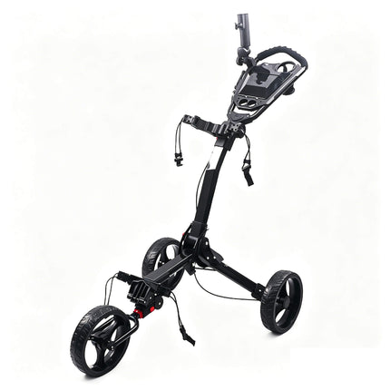 Eliteshine V310 3-wheel golf push trolley main view in black iron frame with umbrella holder, scorecard panel and spoke rubber wheels