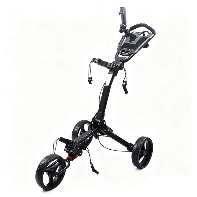 Eliteshine V310 3-wheel golf push trolley main view in black iron frame with umbrella holder, scorecard panel and spoke rubber wheels