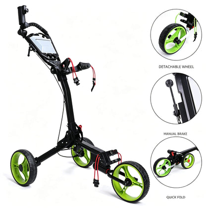 Eliteshine V310 3-wheel golf push trolley right side view in black iron frame with umbrella holder, scorecard panel, detachable wheels and manual brake