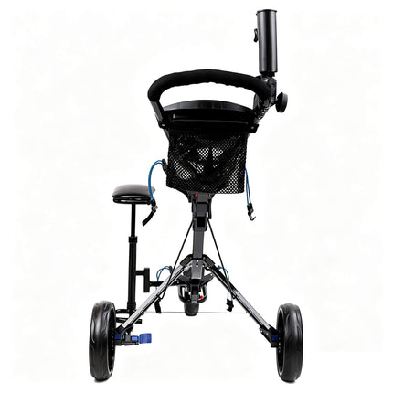 Eliteshine V311A 3-wheel golf push trolley back view showing red quick-release fold button, cable-assisted fold mechanism and red rear wheel hub