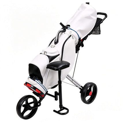 Eliteshine V311A 3-wheel golf push trolley lifestyle view in silver frame with white Eliteshine golf bag loaded showing padded seat and umbrella holder