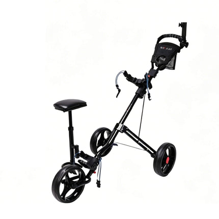 Eliteshine V311A 3-wheel golf push trolley main view in all-black aluminum alloy with padded seat, umbrella holder and manual cable brake