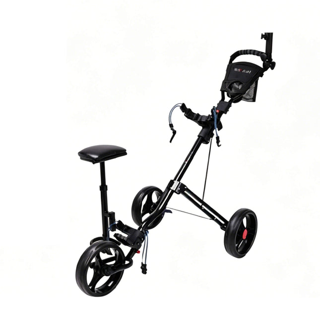 Eliteshine V311A 3-wheel golf push trolley main view in all-black aluminum alloy with padded seat, umbrella holder and manual cable brake