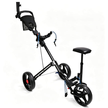 Eliteshine V311A 3-wheel golf push trolley right-front view showing multifunctional panel, mesh ball net, cup holder and padded seat on black frame