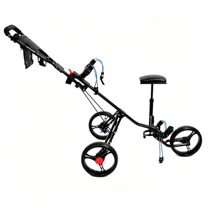 Eliteshine V311A 3-wheel golf push trolley right side view showing black frame, height-adjustable padded seat, manual brake cable and 3-spoke wheels