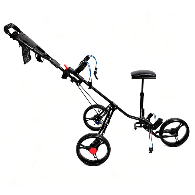 Eliteshine V311A 3-wheel golf push trolley right side view showing black frame, height-adjustable padded seat, manual brake cable and 3-spoke wheels