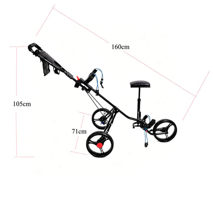 Eliteshine V311A 3-wheel golf push trolley dimensions — 105cm tall, 71cm wide, 160cm diagonal, weight 4.4kg excluding seat, all-black frame