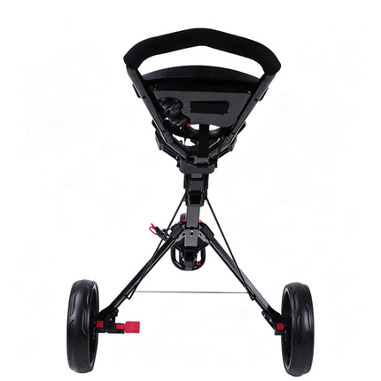 Eliteshine V311B 3-wheel golf push trolley back view showing red quick-release fold button, cable tension system and dual red foot brakes on rear wheels