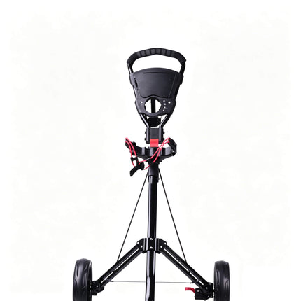 Eliteshine V311B 3-wheel golf push trolley frame detail showing red quick-release fold mechanism, cable brake system and aluminum alloy joint construction