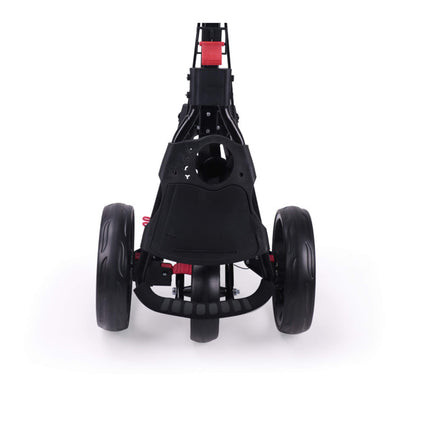 Eliteshine V311B 3-wheel golf push trolley fully folded view showing foldable front wheel tucked flat against black aluminum alloy frame