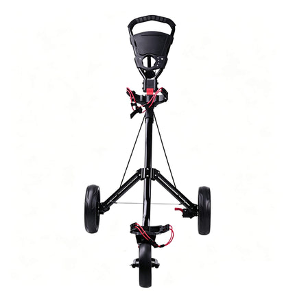 Eliteshine V311B 3-wheel golf push trolley front view showing wide triangular handle, integrated scorecard panel, cup holder and manual cable brake