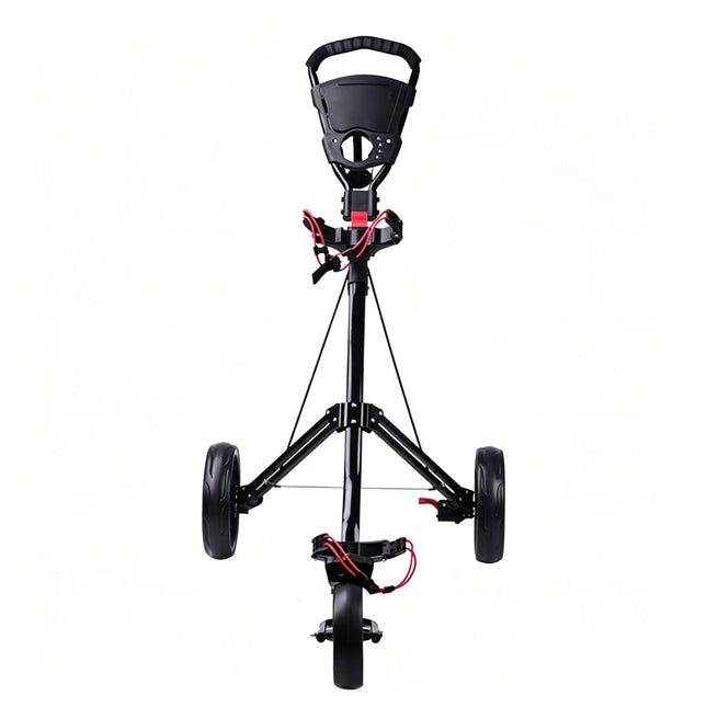 Eliteshine V311B 3-wheel golf push trolley front view showing wide triangular handle, integrated scorecard panel, cup holder and manual cable brake