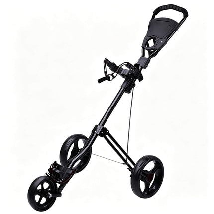 Eliteshine V311B 3-wheel golf push trolley main view in all-black aluminum alloy with unique wide triangular handle and 5-spoke wheels