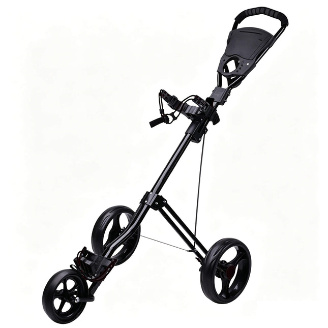 Eliteshine V311B 3-wheel golf push trolley main view in all-black aluminum alloy with unique wide triangular handle and 5-spoke wheels