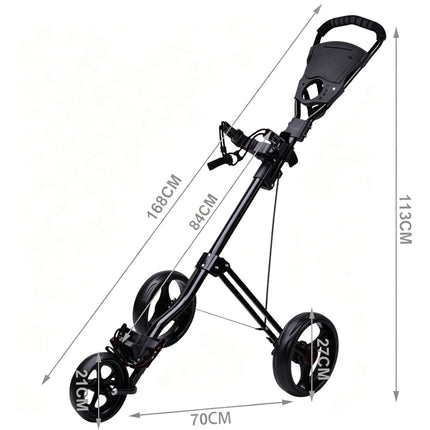 Eliteshine V311B 3-wheel golf push trolley dimensions — 113cm tall, 70cm wide, 84cm depth, 168cm diagonal, front wheel 21cm, rear wheels 22cm, weight 5kg