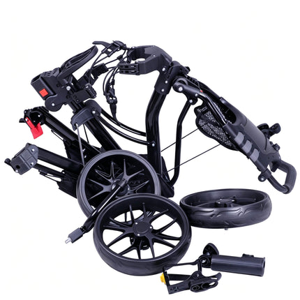 Eliteshine V317 3-wheel golf push trolley fully disassembled view showing all components including detachable wide EVA wheels, frame, handle panel, umbrella holder and pistol-grip brake
