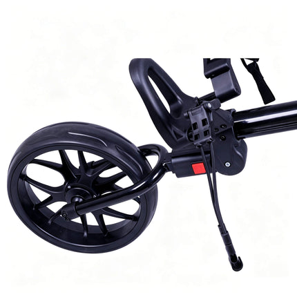 Eliteshine V317 golf push trolley front wheel bracket and fold mechanism detail showing red quick-release button, foldable front wheel mount and cable brake system