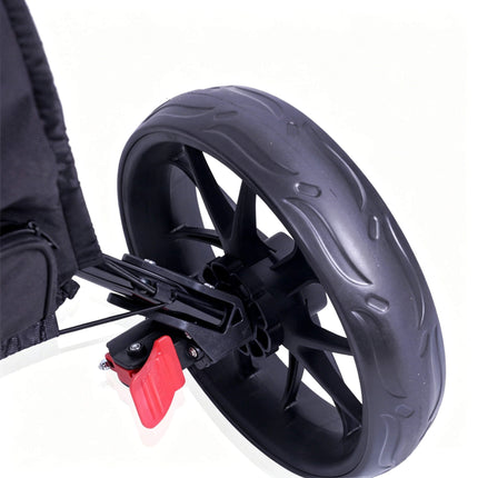 Eliteshine V317 golf push trolley wide-profile EVA rear wheel close-up showing flame-pattern tread, 10-spoke design and red foot brake mechanism