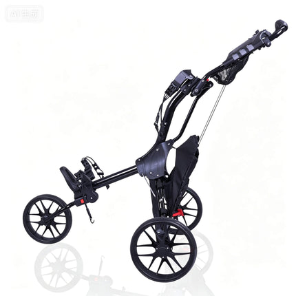 Eliteshine V317 3-wheel golf push trolley left side view showing black frame, large storage bag, cable tension system and wide rear wheel with red foot brake