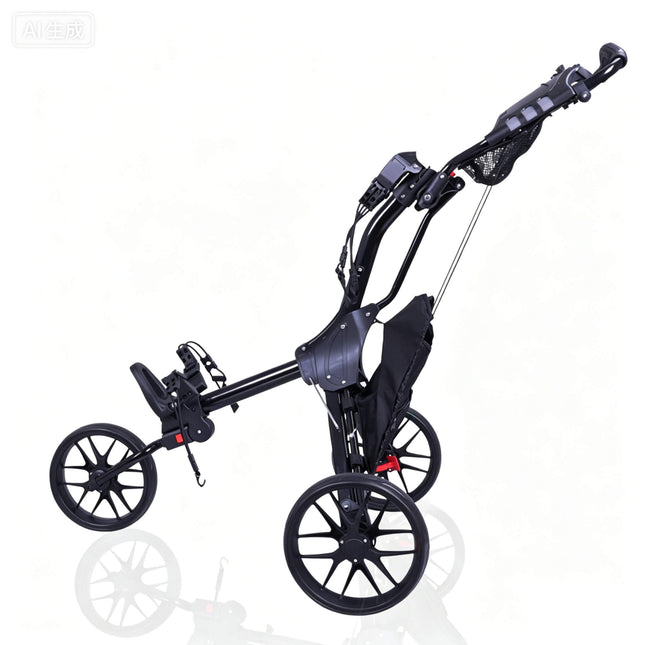 Eliteshine V317 3-wheel golf push trolley left side view showing black frame, large storage bag, cable tension system and wide rear wheel with red foot brake